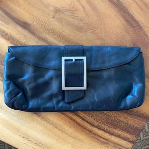 Black leather clutch with buckle